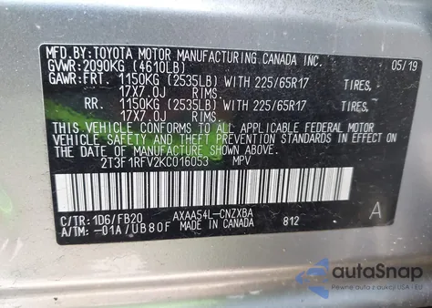 2019 Toyota Rav4 Le из США, поврежденный, VIN 2T3F1RFV2KC016053